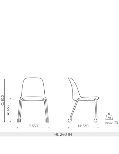 Schéma technique de la chaise de réunion Haali HL 240 1N – dimensions en millimètres