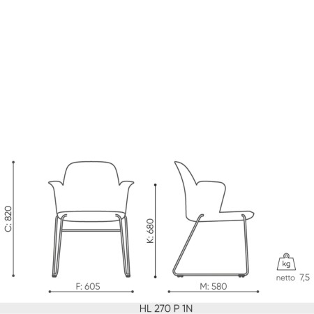 Dimensions chaise Haali HL 270 P – schéma technique en mm
