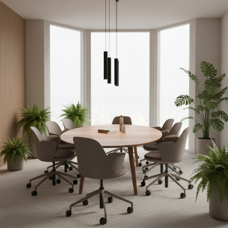 Chaise design ergonomique Haali HL 5R P en taupe avec assise tissu – vue de trois quarts 2