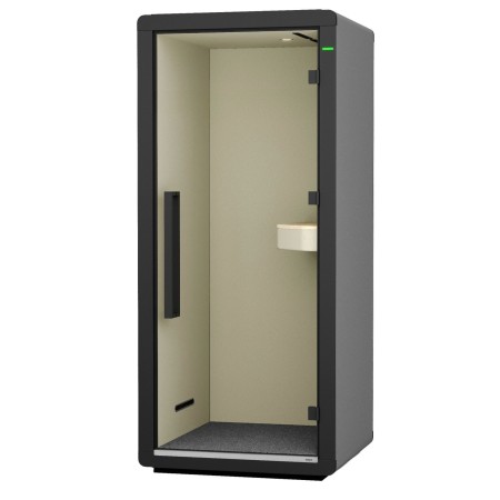 Cabine acoustique Flathouse vue de face, équipée d’une tablette et d’un siège haut. - Flathouse