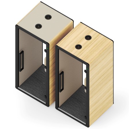 Deux cabines acoustiques Flathouse avec finitions différentes, bois clair et tissu gris. - Flathouse