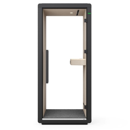 Cabine Flathouse vue de trois quarts, finition extérieure en tissu gris. - Flathouse