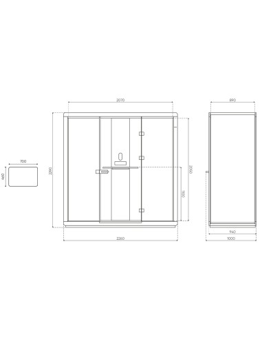 Dimensions détaillées de la cabine Flathouse avec assises intégrées. - Flathouse