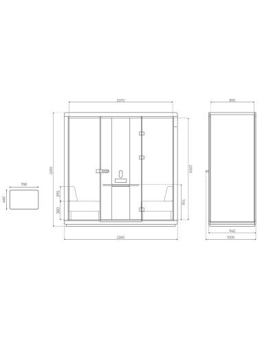 Dimensions de la cabine Flathouse, vue de profil et de face. - Flathouse
