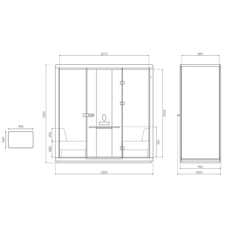 Dimensions de la cabine Flathouse, vue de profil et de face. - Flathouse