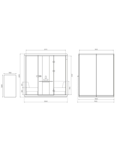 Dimensions de la cabine Flathouse avec table centrale. - Flathouse