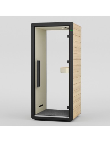Cabine acoustique Flathouse avec parois vitrées et intérieur lumineux. - Flathouse