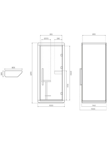 Dimensions de la cabine acoustique Flathouse, vue de face et de profil. - Flathouse