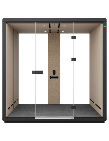 Vue frontale de la cabine Flathouse équipée d’un espace bureau. - Flathouse