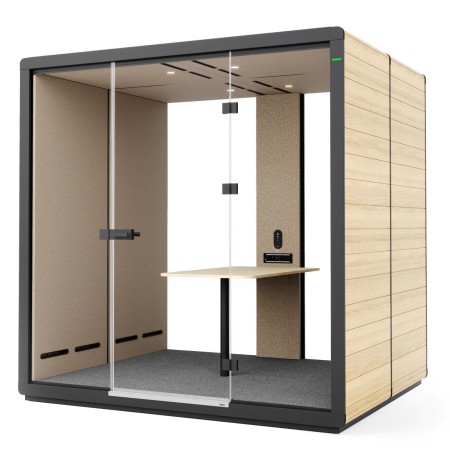 Cabine acoustique Flathouse vue en angle, design chaleureux et épuré. - Flathouse