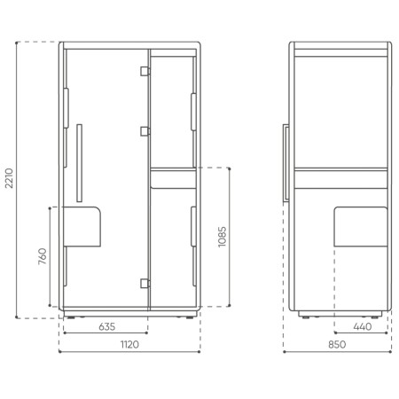 Dimensions de la cabine Quadra, vues frontale et latérale. - Quadra