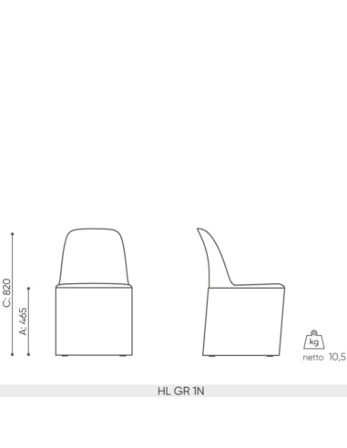 Dimensions chaise Haali HL GR – hauteur 820 mm, assise 465 mm
