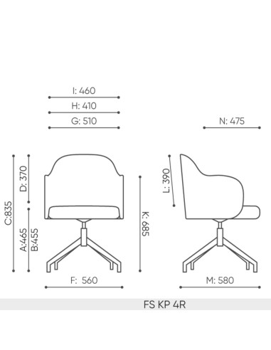 Vue technique de la chaise Flos FS KP 4R avec dimensions
