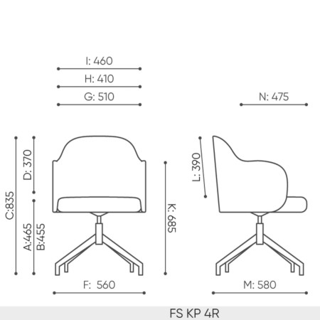 Vue technique de la chaise Flos FS KP 4R avec dimensions
