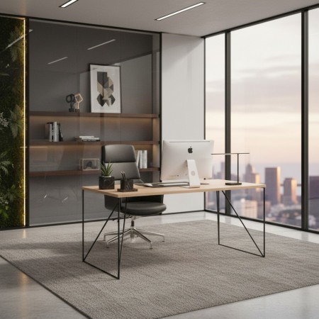 Bureau bois clair avec piètement métallique noir en structure filaire géométrique AIR. 2