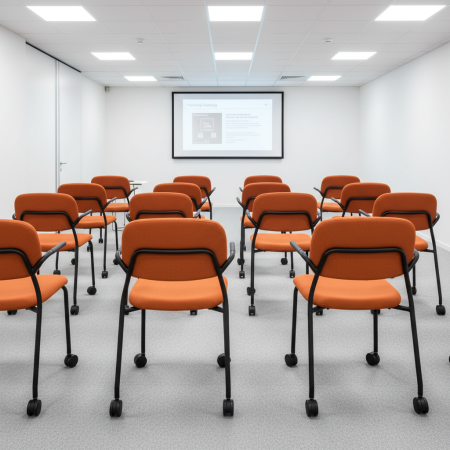 salle de formation moderne avec chaise tissu orange, accoudoirs fins, piètement noir avec roulettes Hens