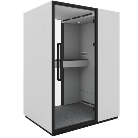 Cabine individuelle Quadra avec porte vitrée et structure acoustique grise. - Quadra