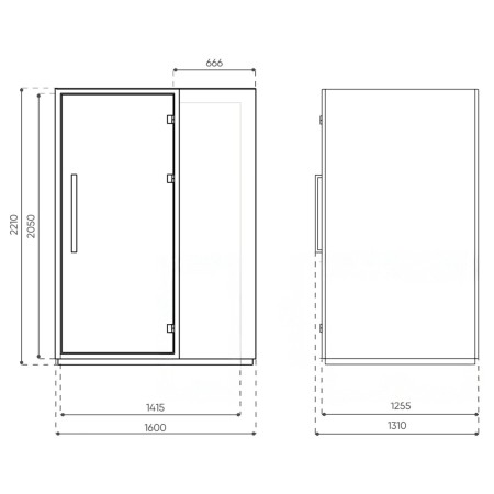 Dimensions de la cabine Quadra, vues frontale et latérale. - Quadra
