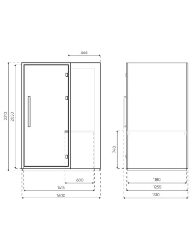 Dimensions frontales de la cabine acoustique Quadra. - Quadra