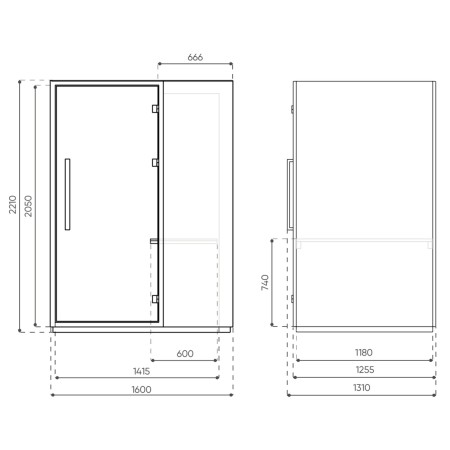 Dimensions frontales de la cabine acoustique Quadra. - Quadra