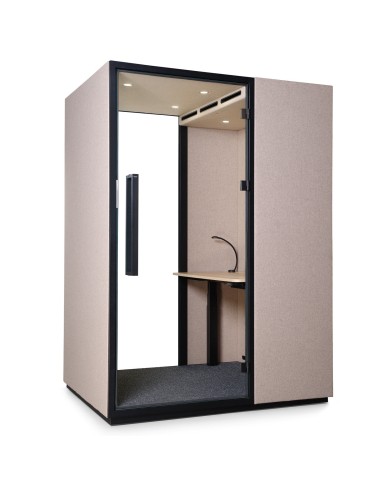 Cabine Quadra vue de face avec finition acoustique gris clair. - Quadra