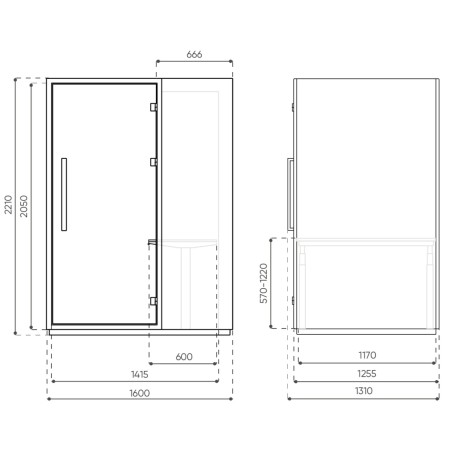 Dimensions latérales de la cabine Quadra. - Quadra