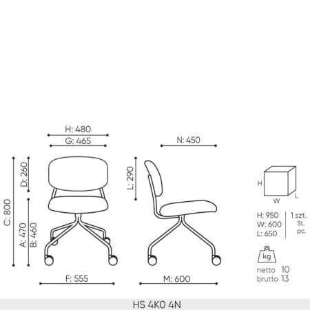 dimensions de la chaise Hens HS 4K0 modèle 4N