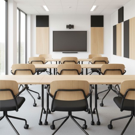 Salle de formation avec chaise en bois et tissu sur roulettes design scandinave Hens