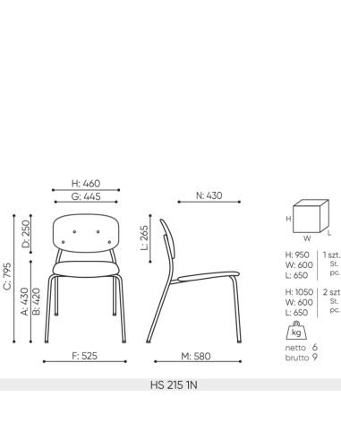 dimensions de la chaise Hens HS 215 – version 1N