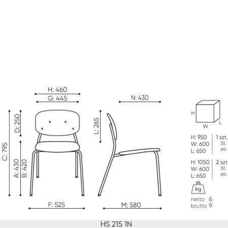 dimensions de la chaise Hens HS 215 – version 1N