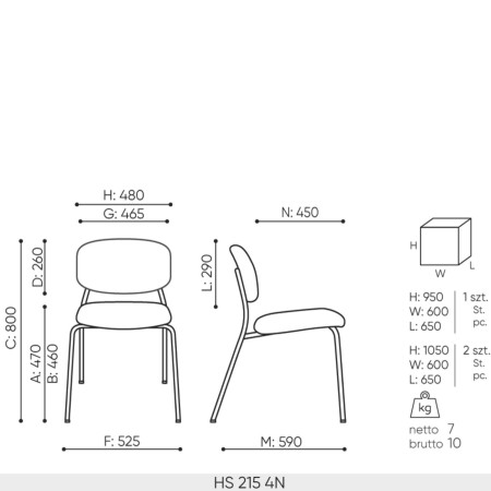 dimensions de la chaise Hens HS 215 – version 4N