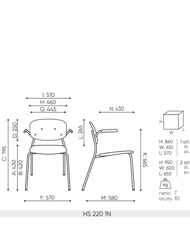 dimensions chaise Hens HS 220 1N – 795 mm de haut, assise 430 mm