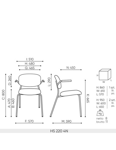 dimensions chaise Hens HS 220 4N – 800 mm de haut, assise 470 mm