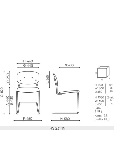 Dimensions techniques de la chaise HS 231 – 1N