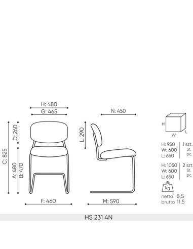 Dimensions techniques de la chaise HS 231 – 4N