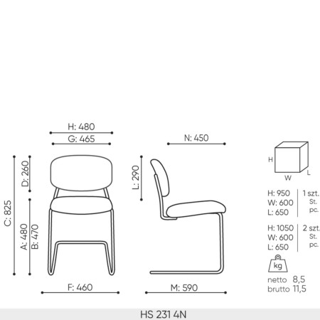 Dimensions techniques de la chaise HS 231 – 4N