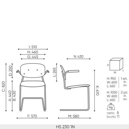 chaise Hens HS 230 version 1N – dimensions détaillées