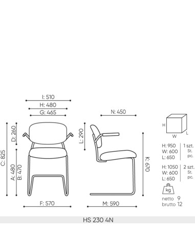 chaise Hens HS 230 4N – dimensions et proportions du modèle traîneau