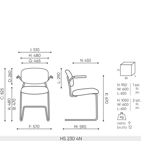 chaise Hens HS 230 4N – dimensions et proportions du modèle traîneau
