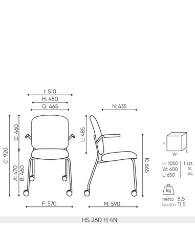 Dimensions chaise Hens HS 260 haute rembourrée