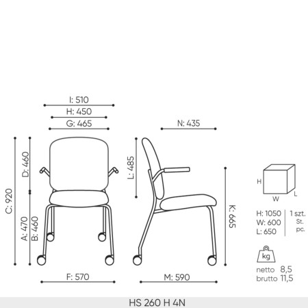 Dimensions chaise Hens HS 260 haute rembourrée