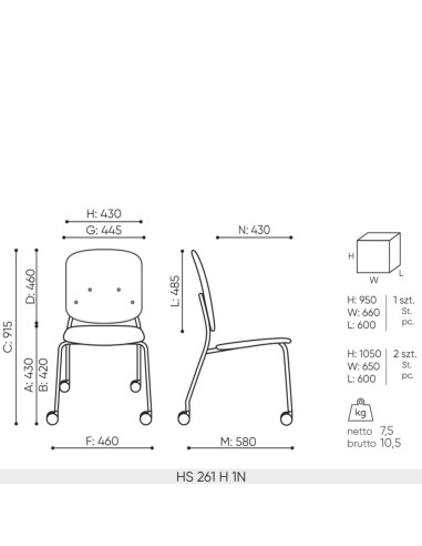 Chaise Hens HS 261 H version 1N placage naturel dimensions