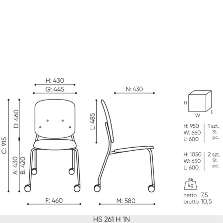 Chaise Hens HS 261 H version 1N placage naturel dimensions