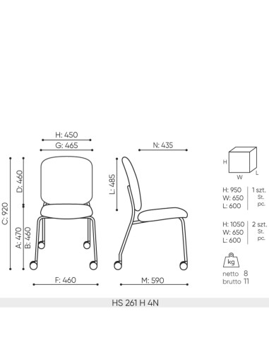 Chaise Hens HS 261 H version 4N entièrement tapissée dimensions