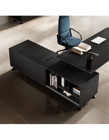 Armoire de rangement noire du bureau Enosi avec niches ouvertes sous le retour