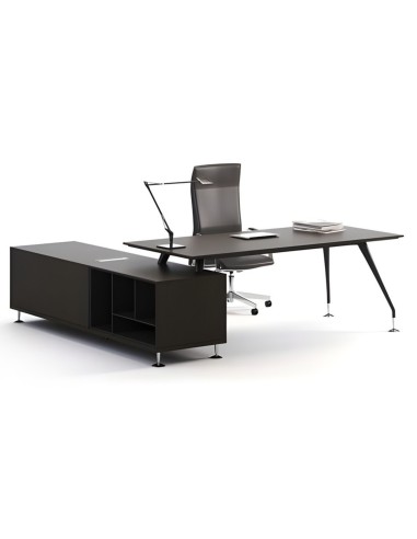 Bureau de direction Enosi noir avec deux pieds coniques et retour de rangement intégré