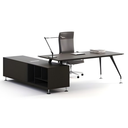 Bureau de direction Enosi noir avec deux pieds coniques et retour de rangement intégré