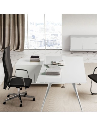 Bureau Enosi avec plateau en verre blanc reposant sur trois pieds blanc avec armoire