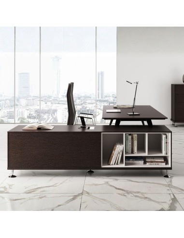 Vue latérale de l’armoire de rangement du bureau de direction Enosi coloris noir avec niches ouvertes pour documents