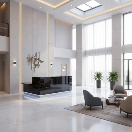 Espace d'accueil dans entrée d'hôtel avec meuble de réception noir, fauteuils et table basse